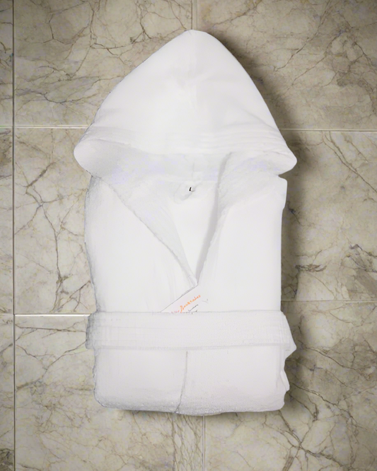 A white hooded cotton terry bath robe for kids or children.